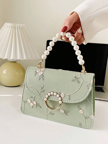 Simple And Fashionable Pearl Hand-Held Small Square Bag For Women, New Lace Chain Shoulder And Crossbody Small Square Bag