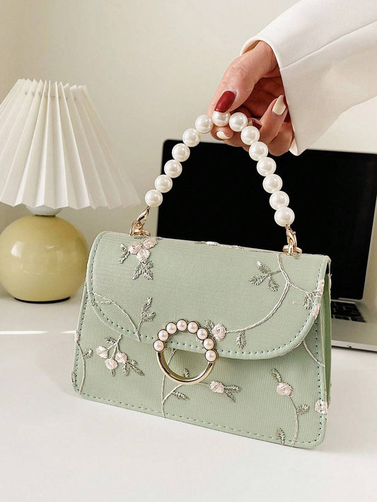 Simple And Fashionable Pearl Hand-Held Small Square Bag For Women, New Lace Chain Shoulder And Crossbody Small Square Bag